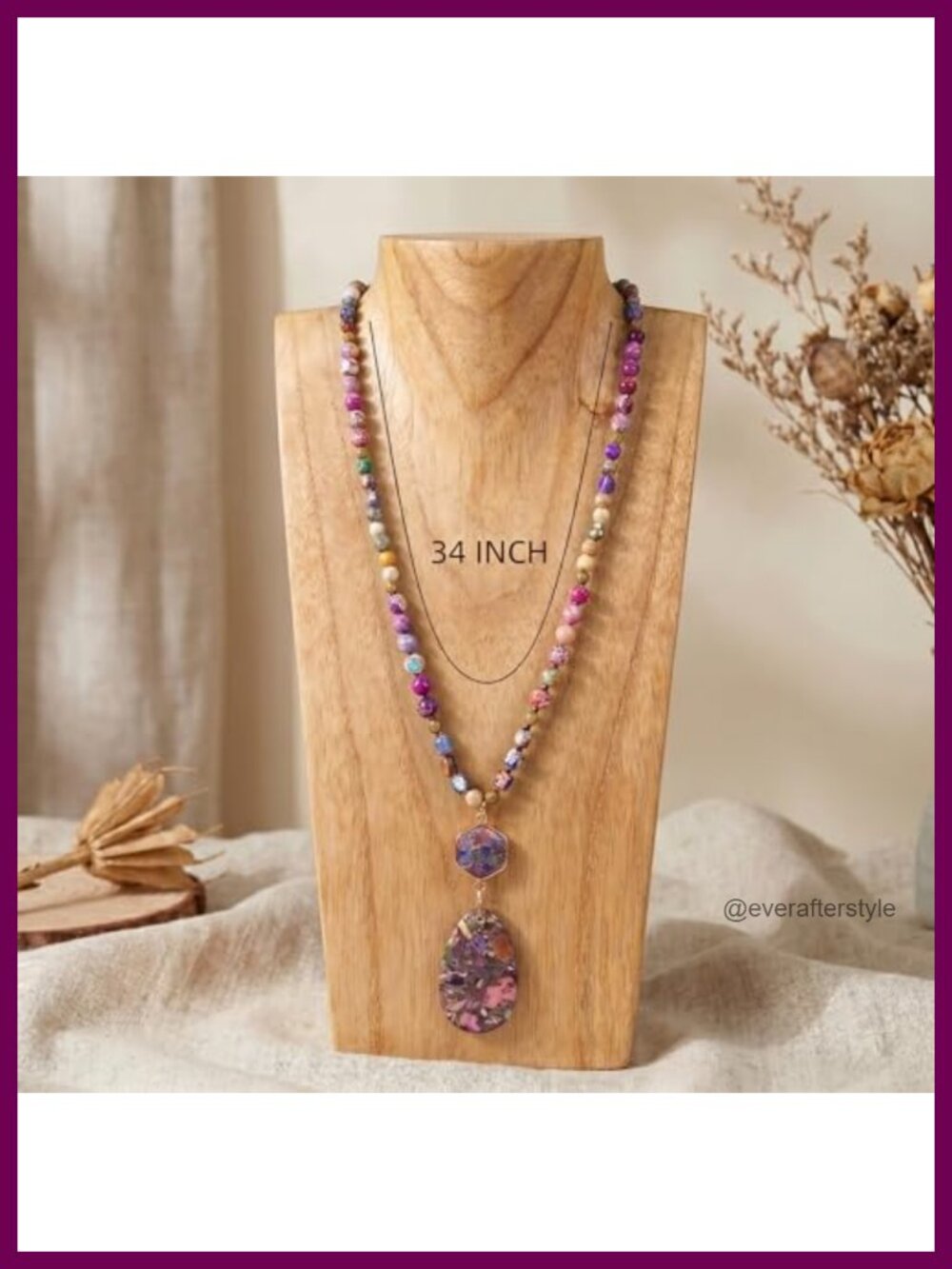 Handmade Natural Stone Beaded Boho Long Necklace with Jade Pendant - Picture 5 of 6